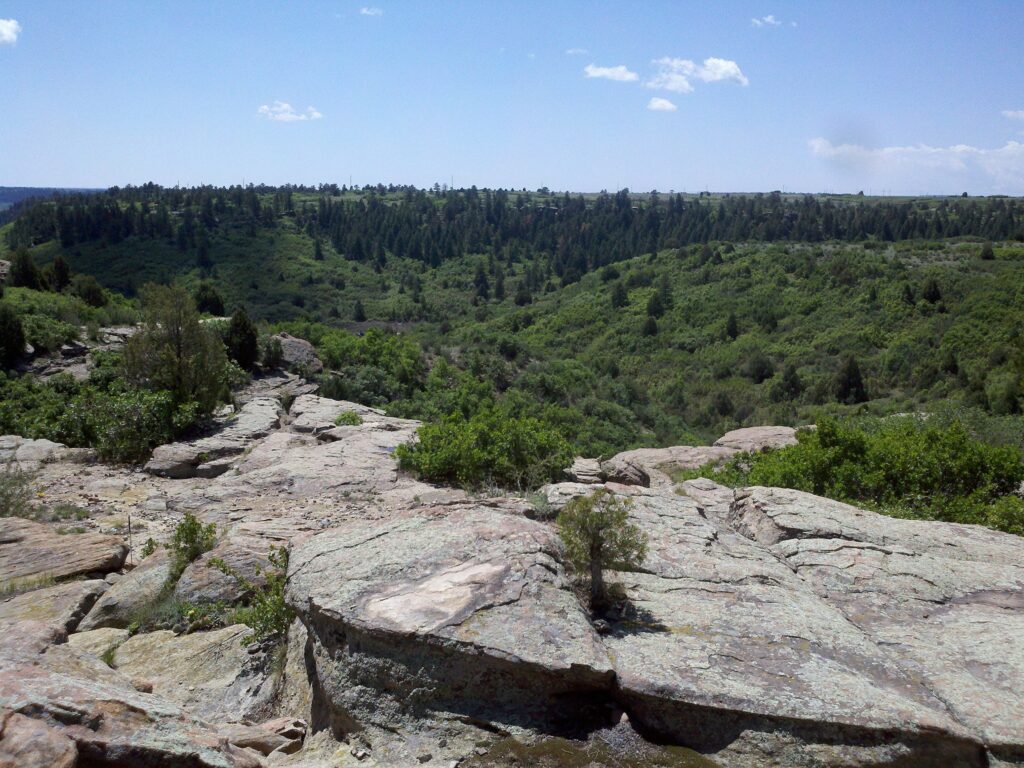 Scenic view of vast green landscape at Hidden Mesa Open Space with rocky foreground and lush greenery