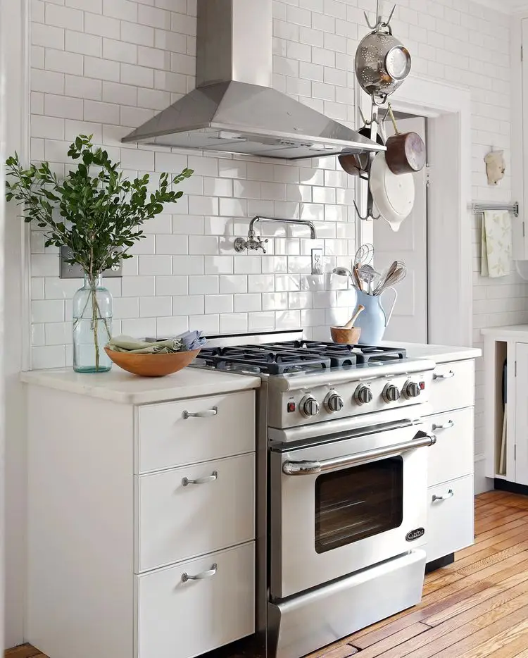 Modern kitchen with stainless steel oven and white cabinetry