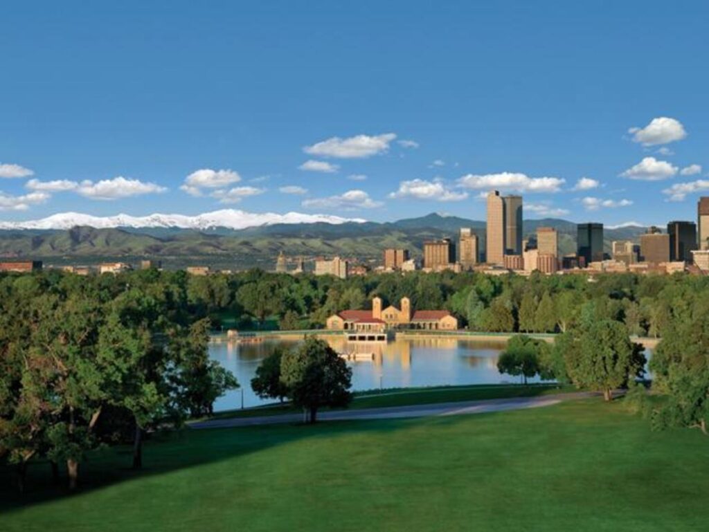 Scenic view of Washington Park with Denver skyline and mountains in the background